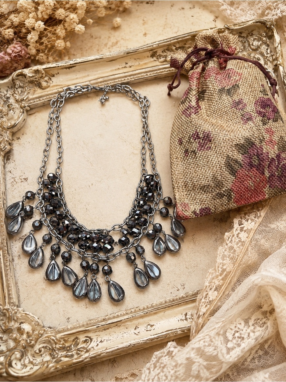 Black Gunmetal Multi Strand Beaded Statement Necklace 21” Teardrop Bib Necklace